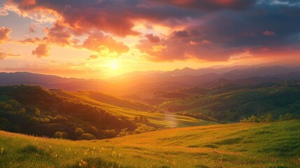 Fototapeta premium Sunset casting warm hues over lush hills (focus on, serene landscape, vibrant, Overlay, Rural valley)