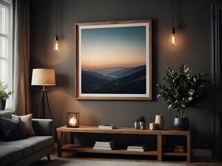 Fototapeta premium Cozy living room with a framed mountain landscape, a couch, and a wooden coffee table.