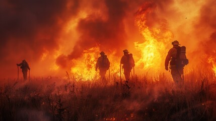 Fototapeta premium Team of firefighters navigating through fire and smoke (selective focus, coordinated effort, ethereal, Manipulation, Burning meadow)