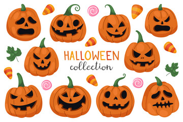 Vector set of different halloween pumpkins and candies. Jack-o-lanterns. Stickers, characters, emotions. Spooky, mystical pumpkins.