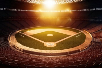 A stunning baseball field illuminated by sunset, showcasing a vibrant green infield and empty grandstands.