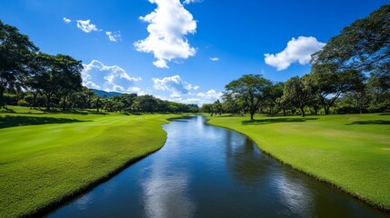 A quiet park with a small river flowing through it amidst a bright blue sky. Lush greenery and gentle waves create a relaxing atmosphere, perfect for relaxing and enjoying nature.