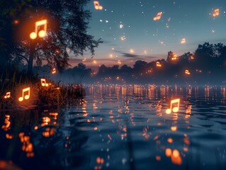 Glowing Music Notes Floating Above Serene Night Lake Reflection