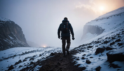Plateau Wanders in Foggy Winter: The Adventurer's Passage Surrounded in Landslide