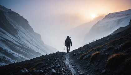 Fototapeta premium Plateau Unknowns in Foggy Winter: The Scout's Sojourn Overwhelmed in Landslide