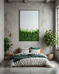 Modern minimalist bedroom with a bed, green plants, and a framed print.