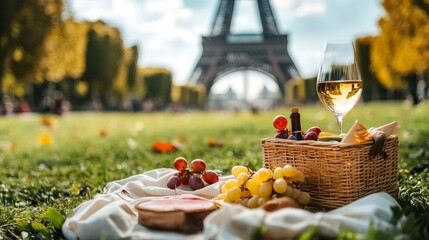 Wine and a picnic in front of the Eiffel Tower. a focused selection. Food.