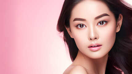 Fototapeta premium Portrait of a beautiful, sexy, smiling Asian woman with perfect skin, pink background, banner.