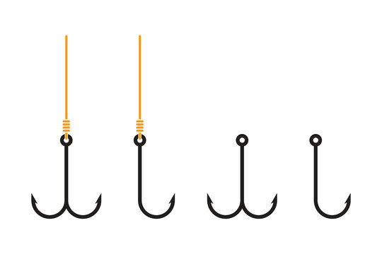 A set of fish hooks of different shapes on a white background.