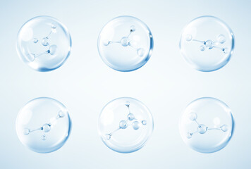 Molecules inside bubbles. Collagen serum bubble. Cosmetic essence drops. Concept skin care cosmetics solution. Vector 3d illustration