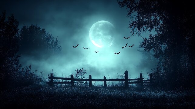 A dark and moody Halloween scene with bats flying over a full moon, and an old, rickety wooden fence in the foreground 
