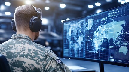 Obraz premium A military-looking man in headphones analyzes complex digital war information in a dimly lit room filled with multiple computer screens