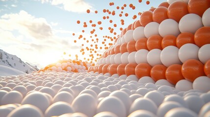 Obraz premium Abstract landscape of floating spheres in orange and white. A serene view of creative shapes against a bright sky backdrop.
