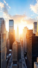 Obraz premium An epic establishing shot of towering skyscrapers in a bustling city skyline, with the sun setting behind the buildings