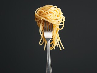 Delicate Spaghetti Twirls on Fork in Artful Presentation Against Dark Studio Backdrop,Generative AI