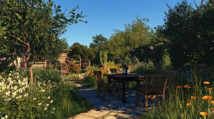 A beautiful garden setting with a wooden table and chairs, surrounded by nature, under a clear blue sky.