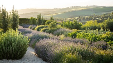 A beautiful garden with rows of rosemary plants, lavender, and other aromatic herbs, with a background of rolling hills and a clear sky.