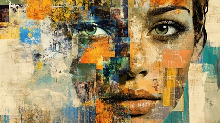 A woman's face is collaged with layers of paint, textures, and abstract shapes.  Bold, modern, and intriguing.