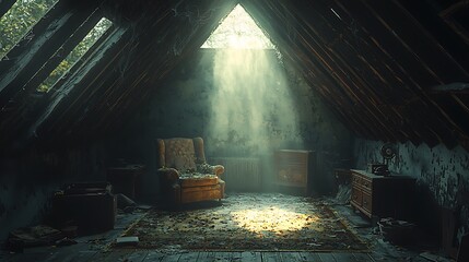 A creepy haunted attic with old, dusty furniture, cobwebs hanging from the ceiling, and an eerie light filtering through a small window 