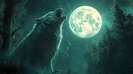A majestic wolf howling at a large full moon, surrounded by a mystical forest, evoking a sense of wilderness and mystery.