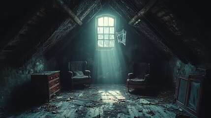 A creepy haunted attic with old, dusty furniture, cobwebs hanging from the ceiling, and an eerie light filtering through a small window 