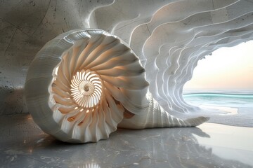 Obraz premium Beautifully intricate seashell with stunning spiral pattern, set against a serene ocean backdrop. Perfect for nature and beach lovers.