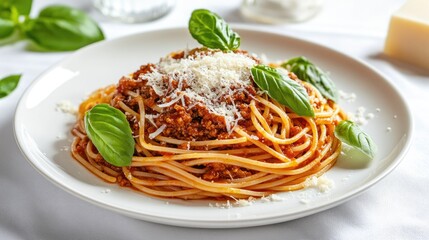 A beautifully arranged white plate of spaghetti Bolognese, with fresh basil leaves and grated Parmesan cheese, set on a clean white tablecloth.