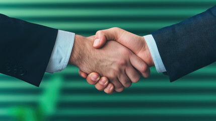 A professional handshake symbolizing partnership and agreement, set against a modern green backdrop.