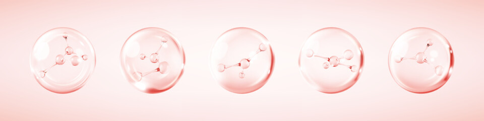 Molecules inside bubbles. Collagen serum bubble. Cosmetic essence drops. Concept skin care cosmetics solution. Vector 3d illustration