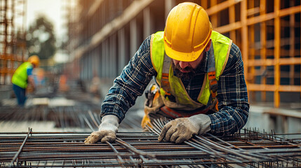 Construction Worker Wearing Yellow Hard Hat and Safety Vest Handling Steel Rebar - Building Site Activity, Scaffolding in Background, Active Construction Scene, Safety Gear, Structural Work, Busy 