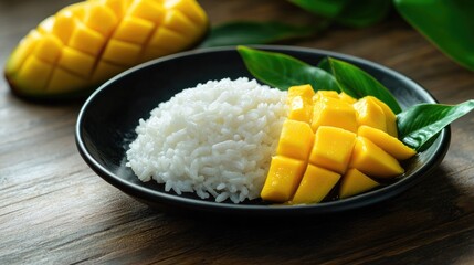 A black plate of sticky rice, yellow mango slices, and coconut milk, placed on a wooden table with a mango leaf garnish.