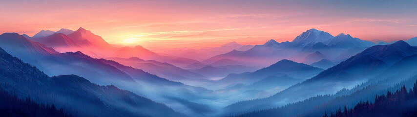 Obraz premium A serene mountain landscape at sunrise, with mist rolling over the peaks, soft light, and a peaceful, majestic atmosphere.