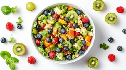 A bowl of muesli surrounded by a mixed vegetable salad and fresh fruits like blueberries and kiwi, captured from above on a white background.