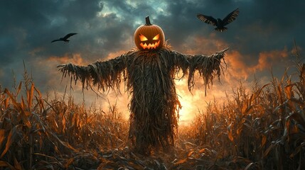 Fototapeta premium A spooky scarecrow with a carved pumpkin head stands in a dark cornfield, illuminated by an eerie twilight glow.