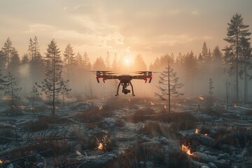 Drone flying over a misty forest fire during sunrise, capturing the scene in a serene yet intense moment of nature.