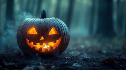 Obraz premium Spooky Halloween pumpkin glowing in a misty forest, capturing the eerie atmosphere of the season.