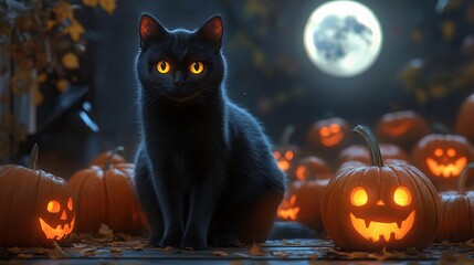 Naklejka premium A black cat sits among glowing pumpkins under a full moon, creating a mystical Halloween atmosphere.