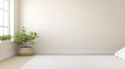 This modern bedroom offers a calming atmosphere with neutral tones, a white headboard bed, and beautiful indoor plants, perfectly illuminating the space