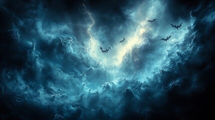 An abstract design of swirling ghostly figures and bats in a dark, stormy sky, with lightning illuminating the scene 