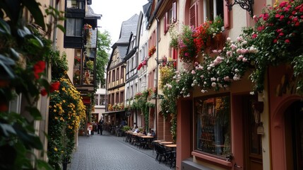 Fototapeta premium A charming corner of the old city of Mainz, with its traditional German architecture, flower-adorned balconies, and lively street scenes.
