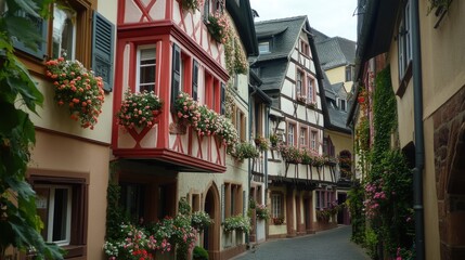 Fototapeta premium A charming corner of the old city of Mainz, with its traditional German architecture, flower-adorned balconies, and lively street scenes.