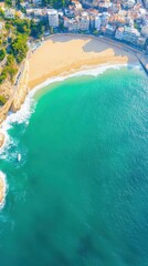 An aerial view of a coastal city, where urban sprawl meets the ocean, with sandy beaches, docks, and a harbor filled with boats