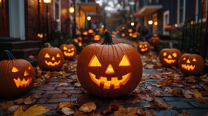 Obraz premium A spooky Halloween street with glowing jack-o'-lanterns on every doorstep, and children in costumes running from house to house 
