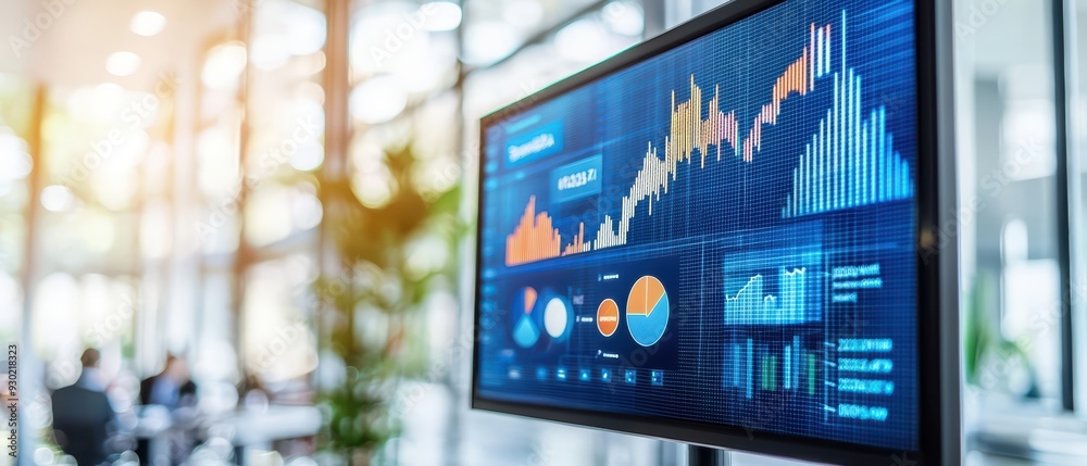 Poster modern data visualization on a screen showcasing financial analytics in an office environment with c