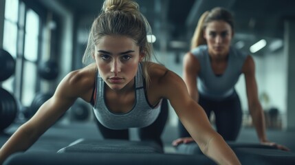 Empowering Fitness Session: Young Woman Maintaining Plank Pose with Instructor in Modern Gym Environment