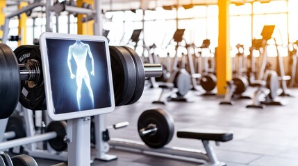 Fototapeta premium Modern gym interior featuring weights and a digital display of a human body, showcasing fitness technology and equipment.