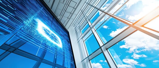 Modern office interior with digital screen displaying cloud technology, enhancing productivity and innovation in the workspace.