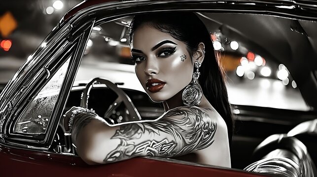 Fototapeta A woman with a tattooed arm sitting in a red car