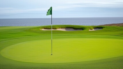 A serene golf course view with a green flag signaling the hole, complemented by a calm ocean panorama in the background.