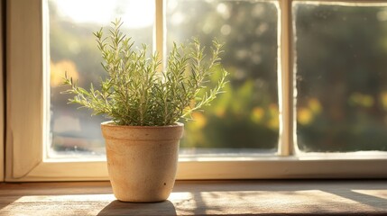 A cozy kitchen windowsill featuring a potted rosemary plant, reflecting the charm of rustic decor and organic home gardening.